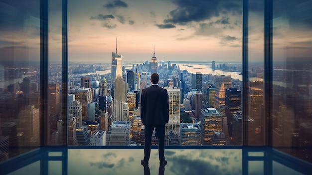 A man stands on a ledge looking out over a city.