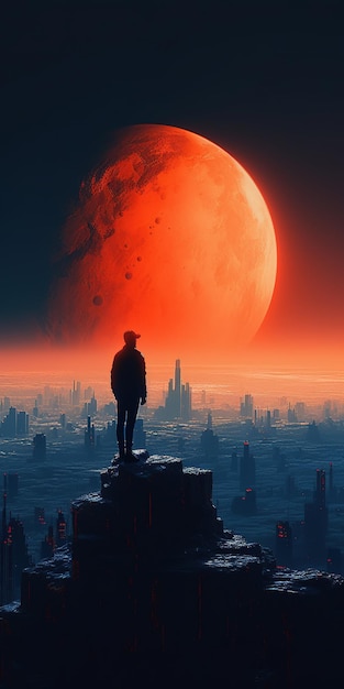 A man stands on a ledge looking at a red moon in the sky.