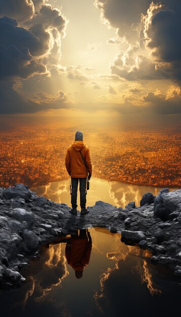 a man stands on a ledge and looks at the city below