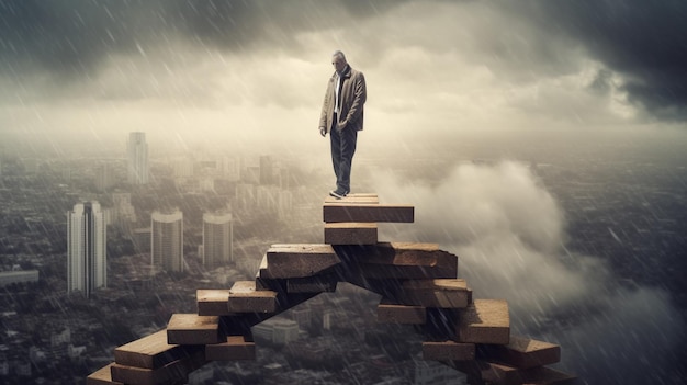 A man stands on a ledge in the rain.