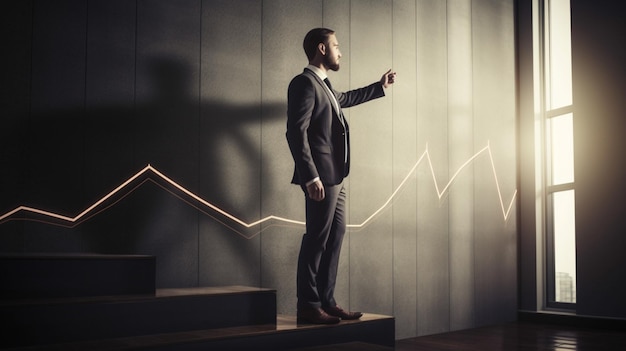 A man stands on a ledge with a graph in the background.