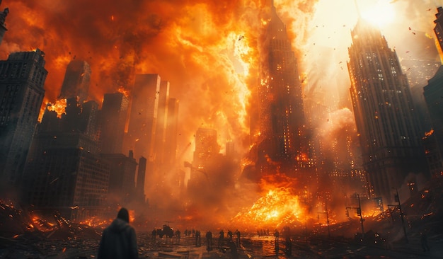 Man stands in the midst of city engulfed in flames