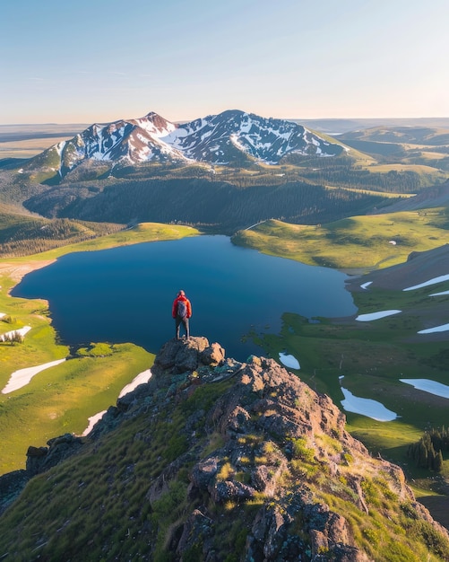 Человек стоит на горе с видом на озеро и горы.