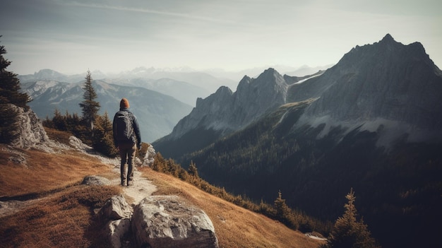 A man stands on a mountain path looking at the mountains.