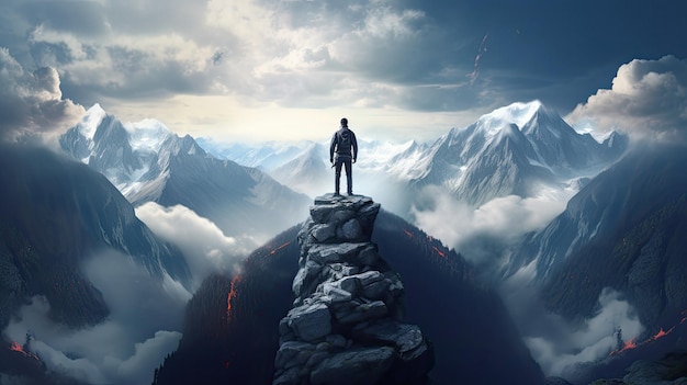 a man stands on a mountain peak in the clouds.