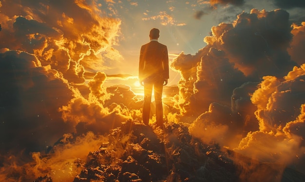 Man stands on mountain peak and looks at the sunset