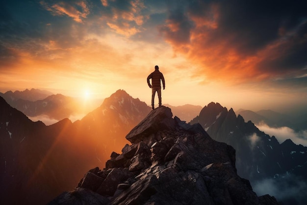Человек стоит на вершине горы и смотрит на закат.