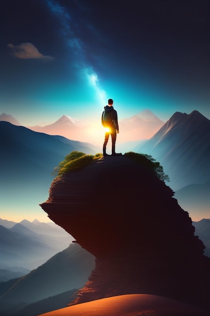 A man stands on a mountain peak and looks at the sunset.