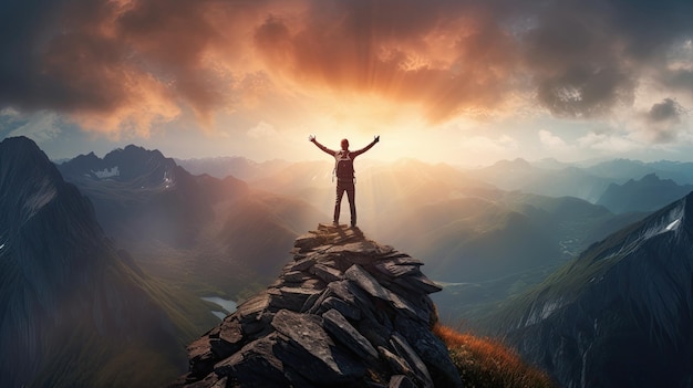 a man stands on a mountain peak with his arms raised above his head.