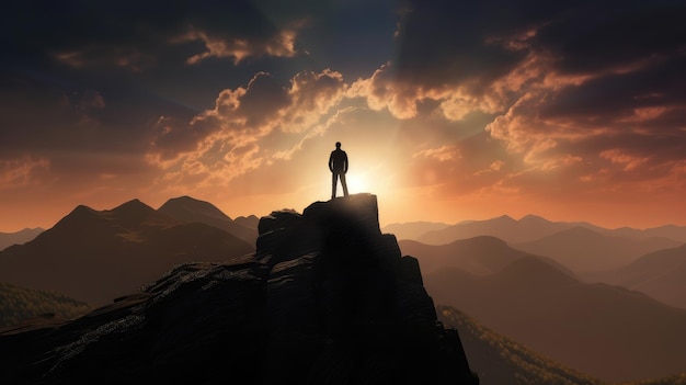 A man stands on a mountain top in front of a sunset.