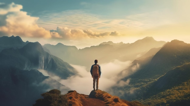 A man stands on a mountain top looking at the clouds