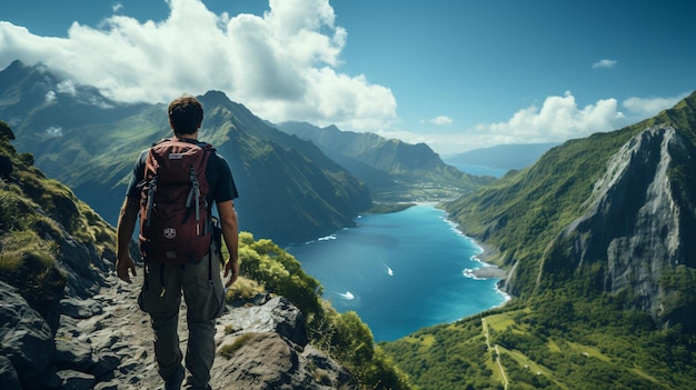 Photo a man stands on a mountain top looking at a lake.