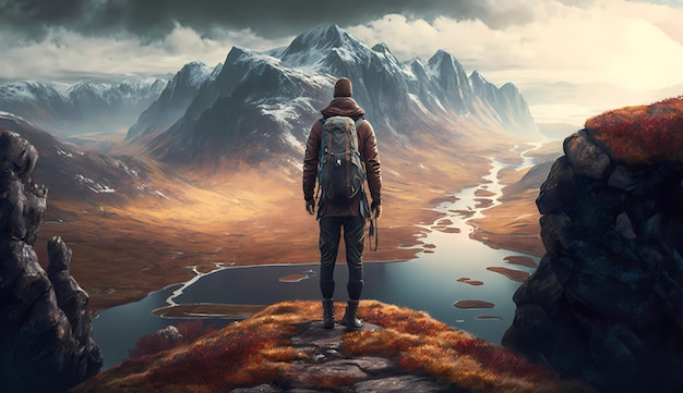 A man stands on a mountain top looking at a mountain range.