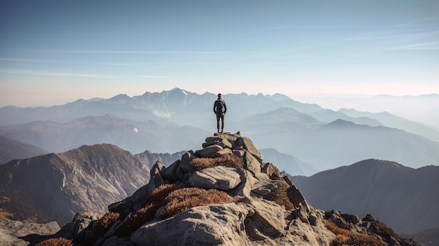 A man stands on a mountain top looking at the mountains