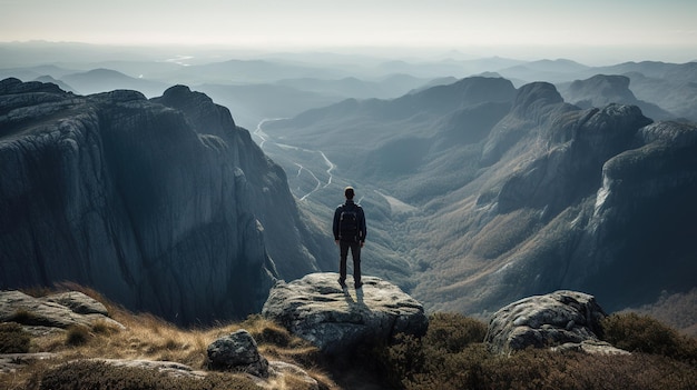 A man stands on a mountain top looking at the mountains.