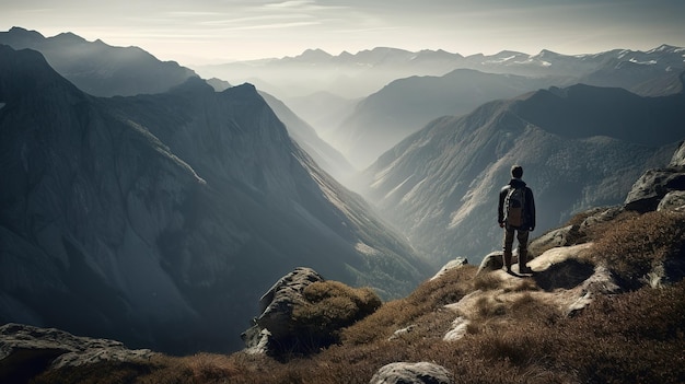 A man stands on a mountain top looking at the mountains.