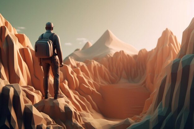 A man stands on a mountain top looking at the mountains.