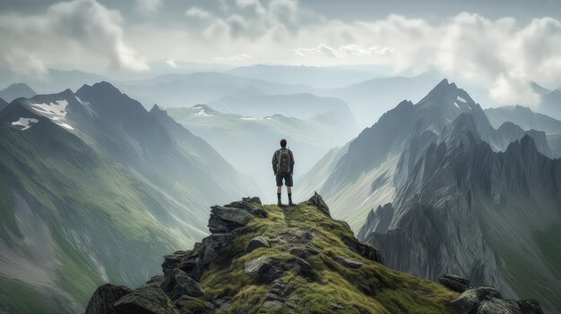 A man stands on a mountain top looking out over a valley.