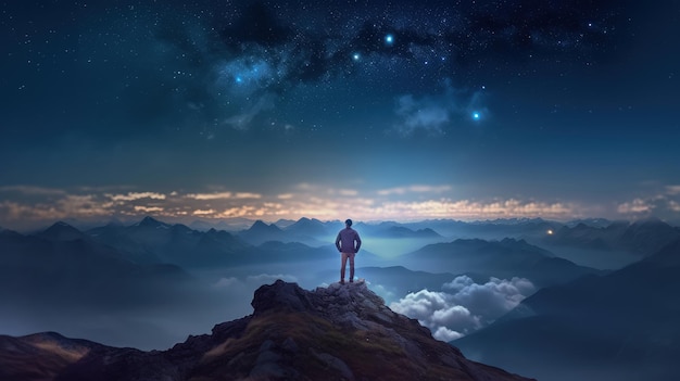 A man stands on a mountain top looking at the sky with the stars above him.