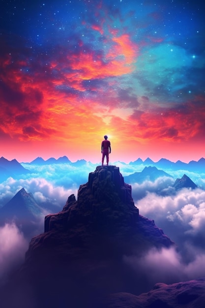 A man stands on a mountain top looking at the sky.