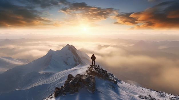 A man stands on a mountain top looking at the sun