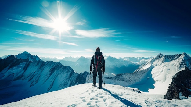 A man stands on a mountain top looking at the sun