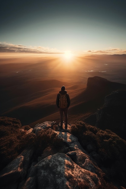 A man stands on a mountain top looking at the sunset