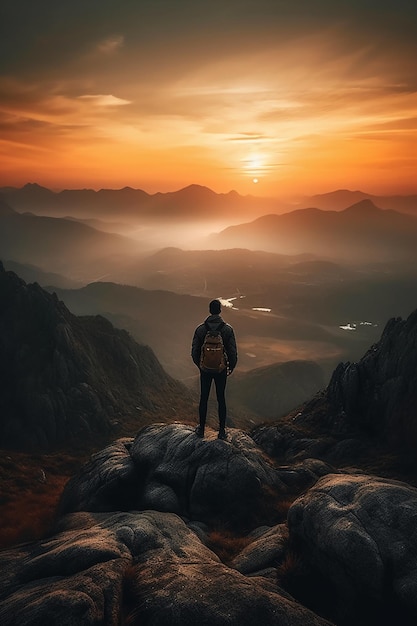 Мужчина стоит на вершине горы и смотрит на закат