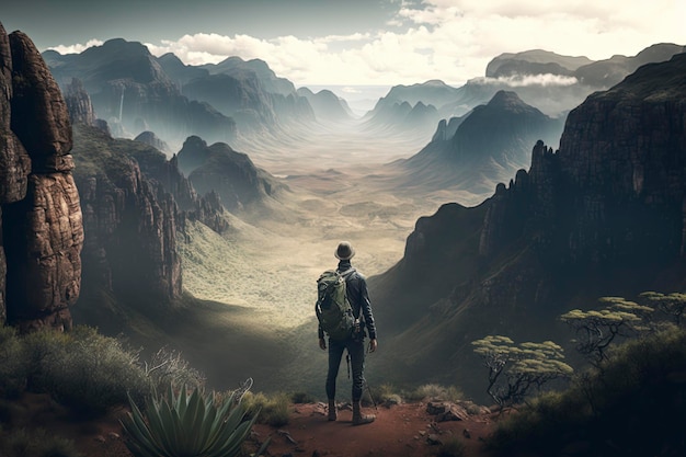 A man stands on a mountain top looking at a valley.