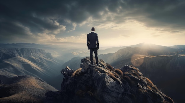 A man stands on a mountain top and looks out at the sky.