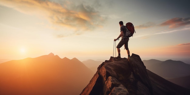 A man stands on a mountain top and looks at the sunset.