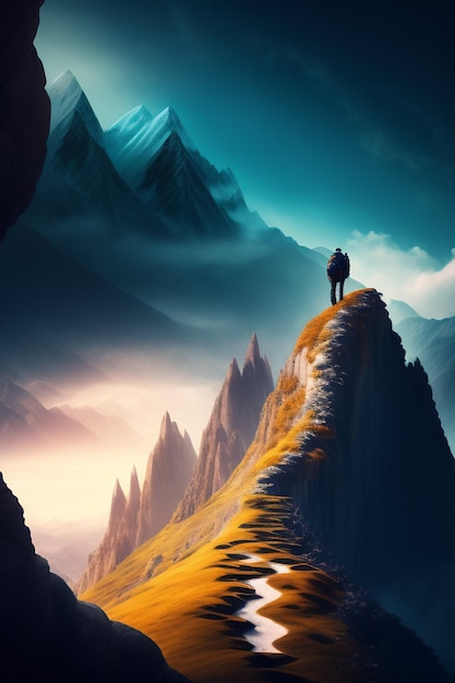 Человек стоит на вершине горы с голубым небом и светит солнце.