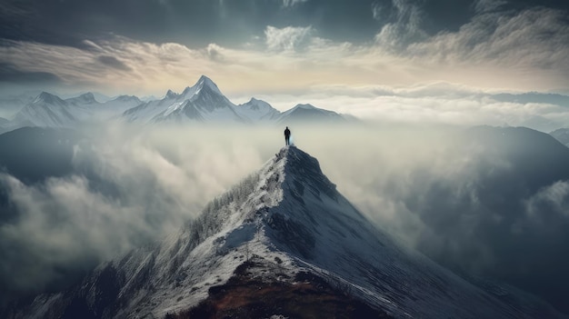 A man stands on a mountain top with clouds in the background.