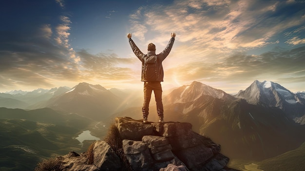 a man stands on a mountain top with his arms raised above his head.