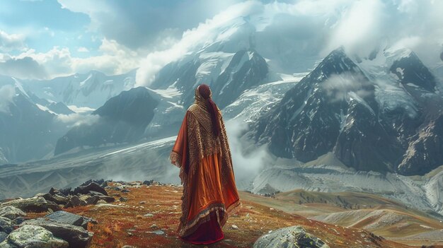 a man stands on a mountain top with mountains in the background