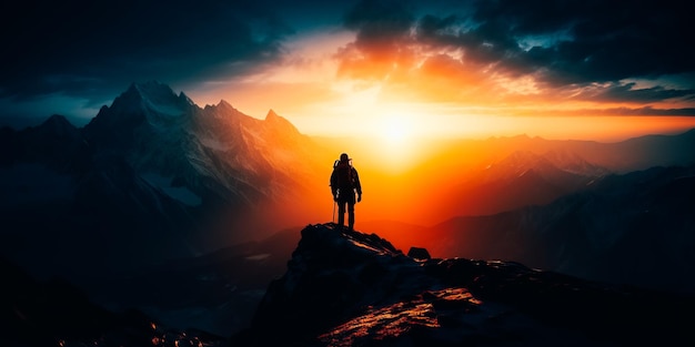 A man stands on a mountain top with the sun setting behind him.