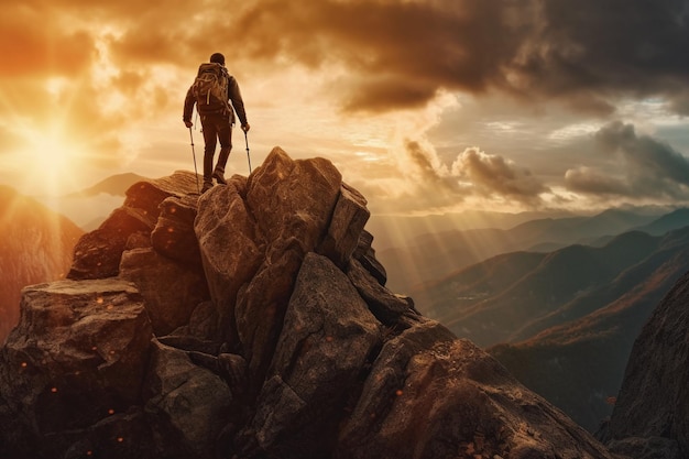 A man stands on a mountain top with a sunset in the background.