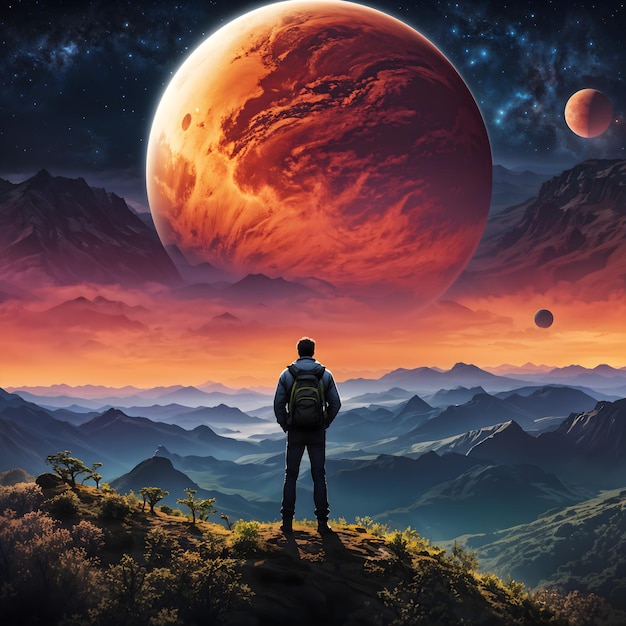 man stands on a mountain with a backpack and a red planet in the background