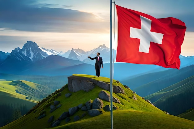 Photo a man stands on a mountain with a flag and a mountain background.