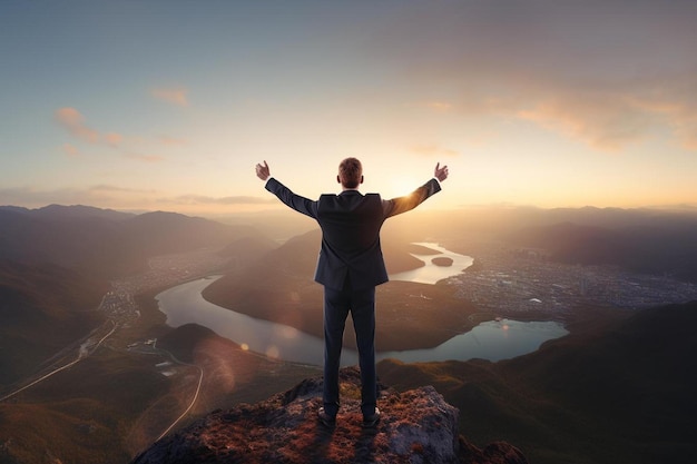 a man stands on a mountain with his arms raised above his head