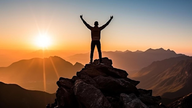 a man stands on a mountain with his arms raised above his head