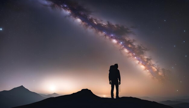 空に大きな雲がある山の上に立っている男