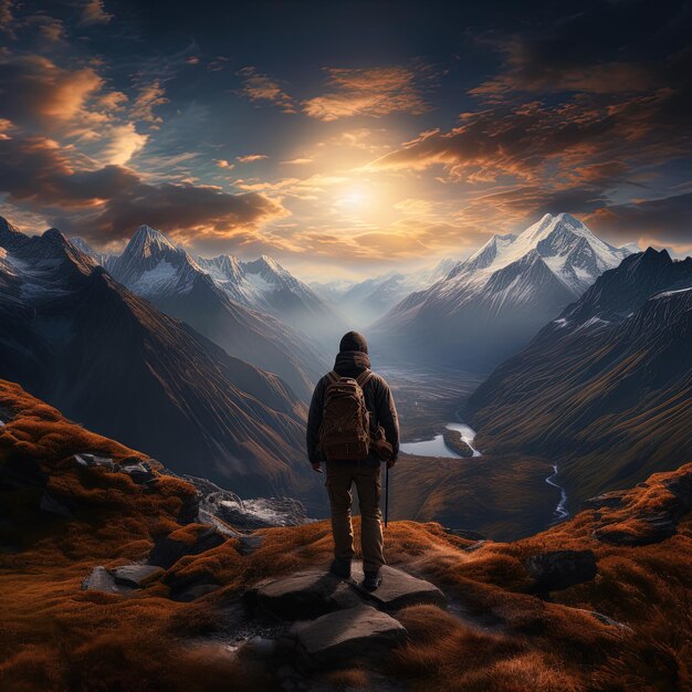 Photo a man stands on a mountain with mountains in the background