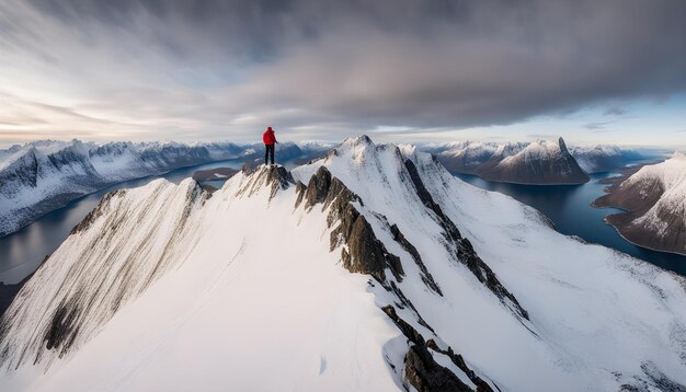 a man stands on a mountain with a red jacket on