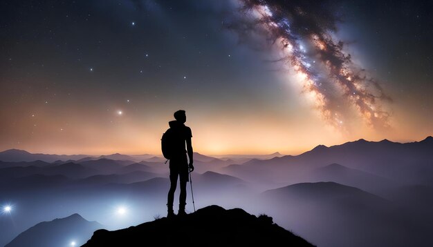 a man stands on a mountain with the stars in the sky above him