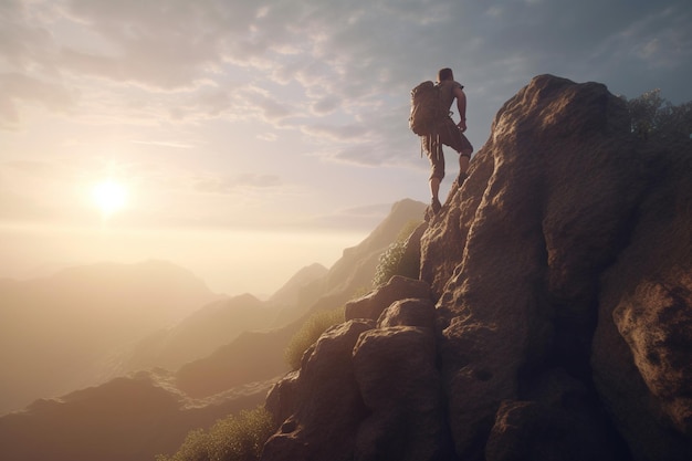 A man stands on a mountain with the sun setting behind him.