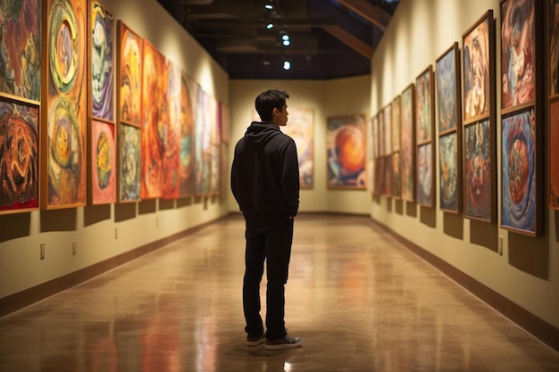 a man stands in a museum with paintings on the wall.