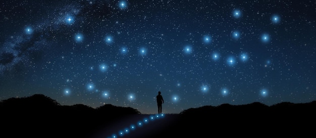 A man stands in the night sky looking up at the stars.