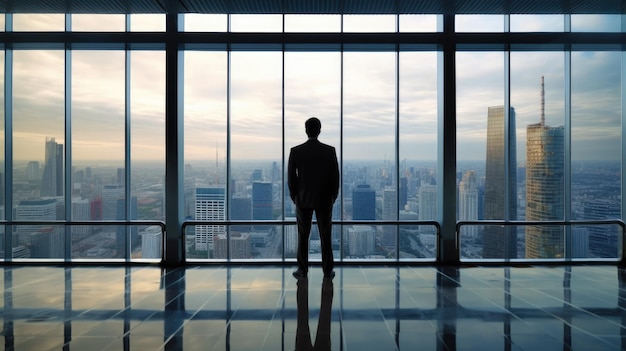 A man stands in an office looking out at a cityscape.