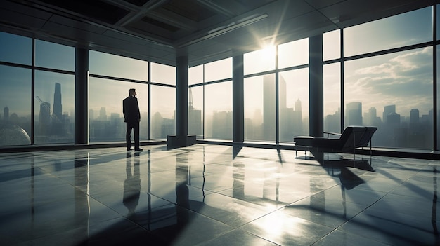 A man stands in an office looking out a window with the city in the background